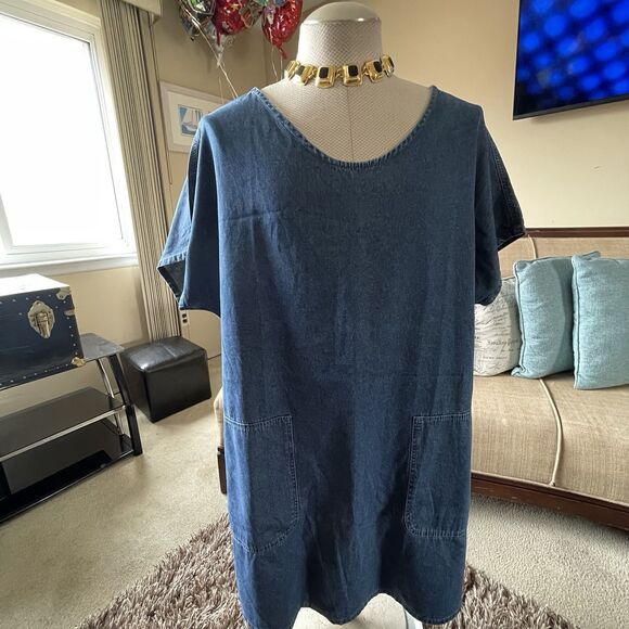 Women's XXL Denim Midi Dress Modest Country Western Short Sleeve Pockets Boho - Picture 1 of 12